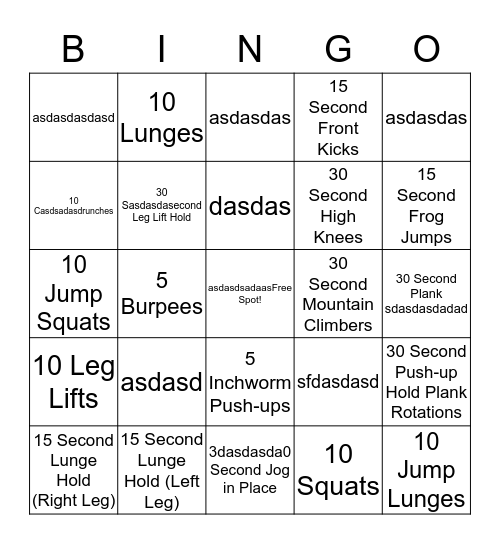 Fitness Bingo Card