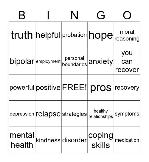 Mental Health Bingo Card