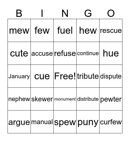Long U Sound Bingo Card