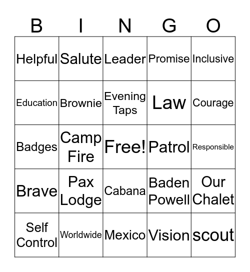 Girl Guide Bingo Card