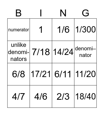 Fraction Bingo Card