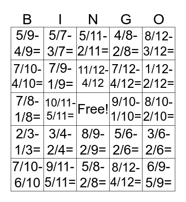 Subtraction Fraction Bingo Card
