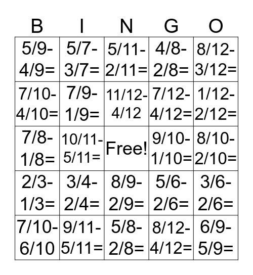 Subtraction Fraction Bingo Card