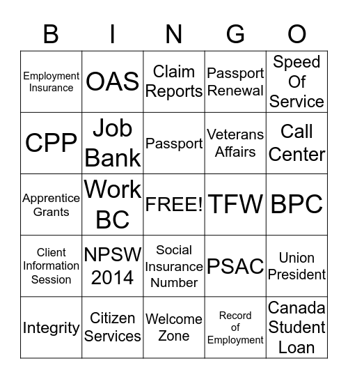 National Public Service Week- 2014 Bingo Card