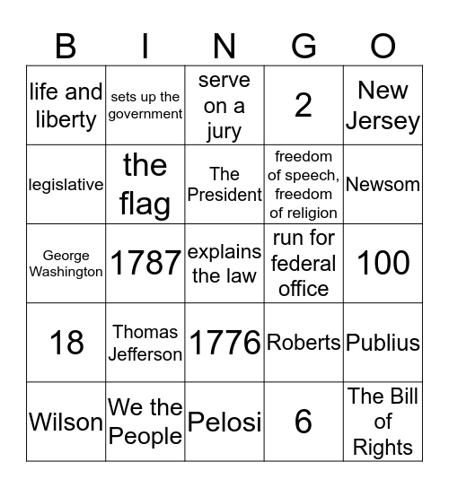 100 Civics Questions Bingo Card