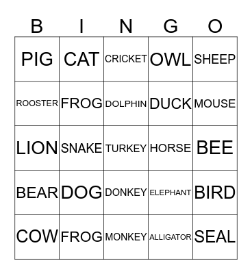 ANIMAL BINGO Card