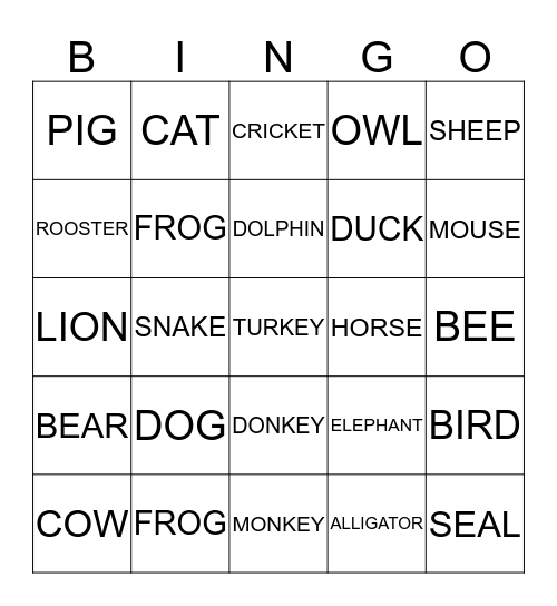 ANIMAL BINGO Card