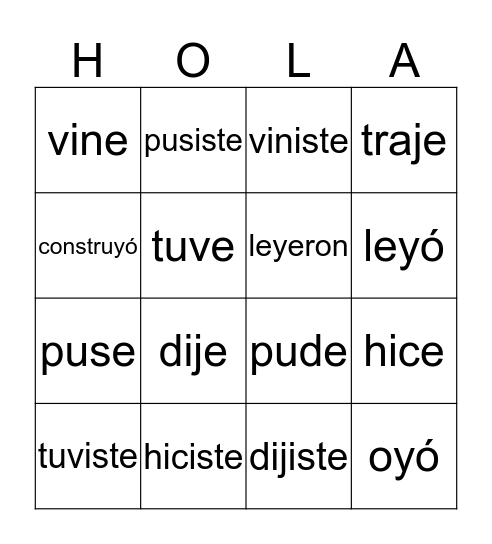 Irregular Preterit Bingo Card