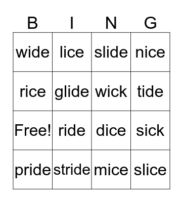 ide/ick/ice Bingo Card