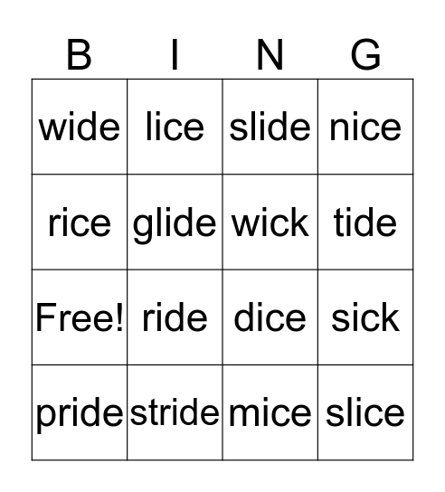 ide/ick/ice Bingo Card
