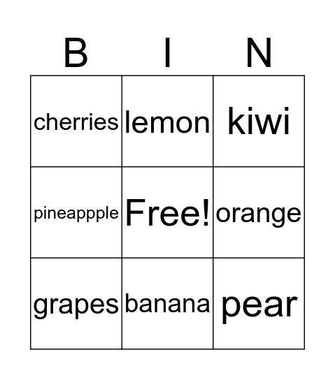 Fruit Bingo Card