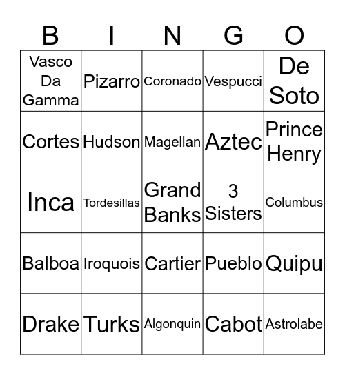 Natives & Explorers Bingo Card