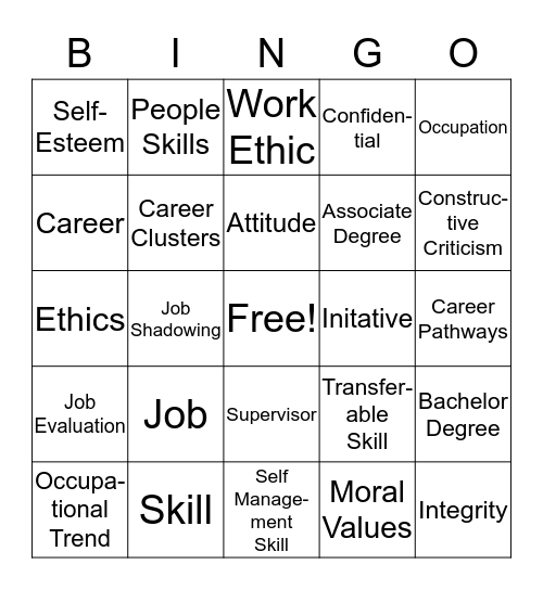 Career Exploration Unit 1 Bingo Card