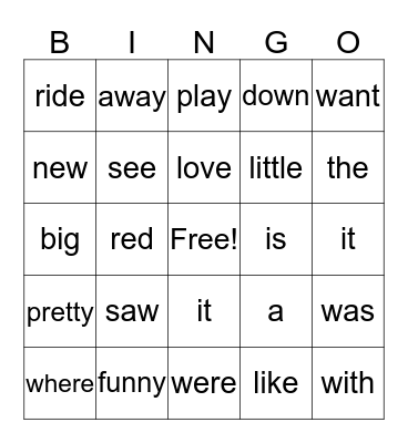 Sight Word Bingo Card