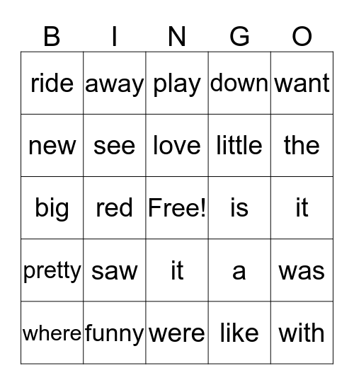 Sight Word Bingo Card