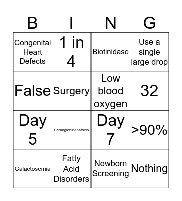 Newborn Screening Bingo Card