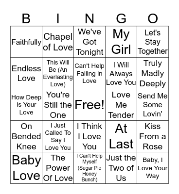 Valentines Music Bingo Card