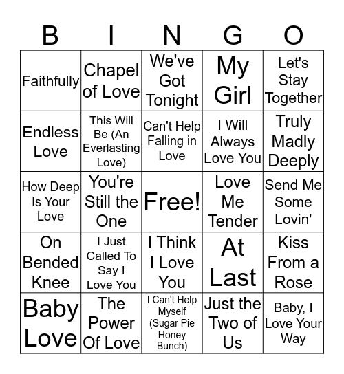 Valentines Music Bingo Card