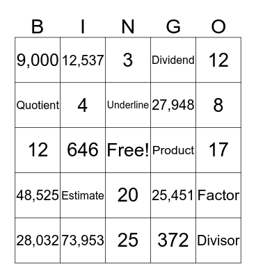 Multiplication & Division Bingo Card