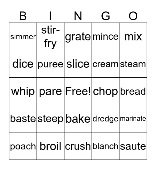 Cooking Terms Bingo Card