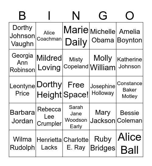 African American Women in History Bingo Card