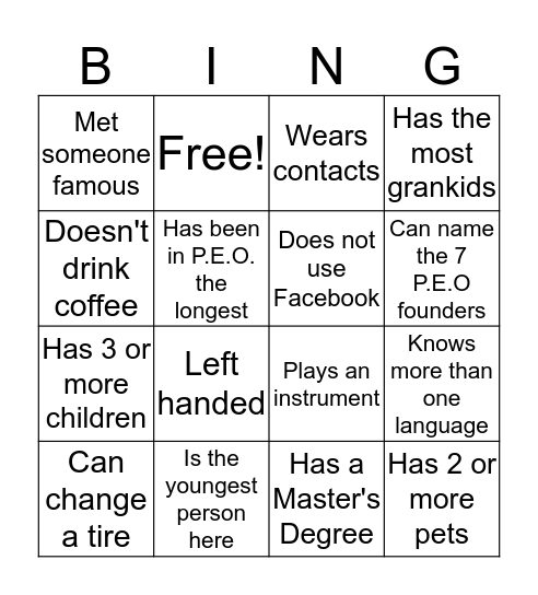 Which P.E.O. Sister? Bingo Card