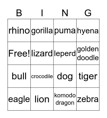Animal Bingo Card