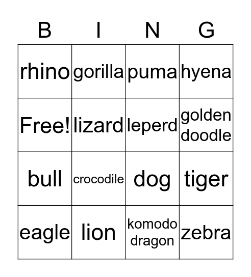 Animal Bingo Card