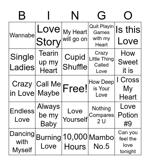 Valentine Song Bingo! Bingo Card