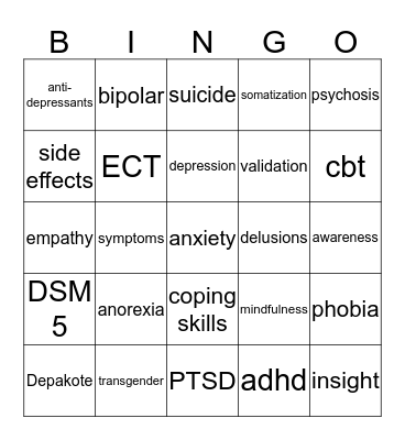 Mental Health Bingo Card