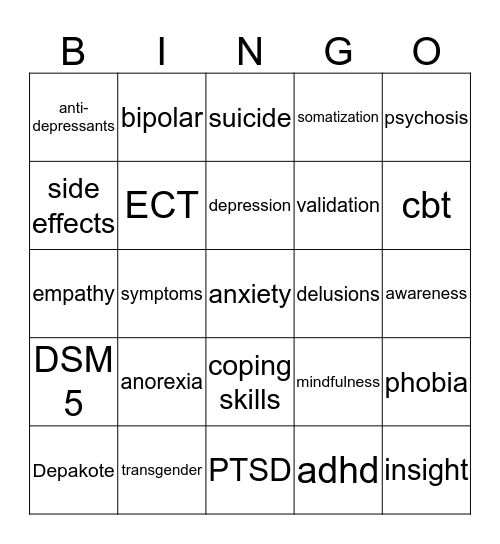 Mental Health Bingo Card