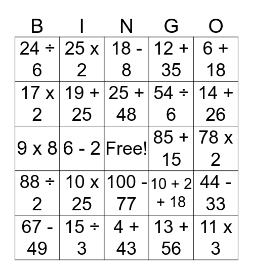 MATH BINGO Card