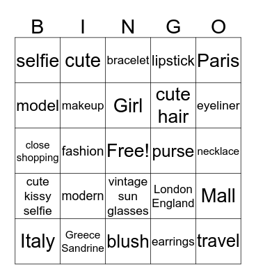 Cute Girl Selfie Bingo Card