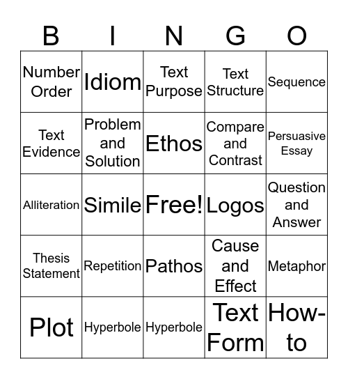 ELAR Bingo Card