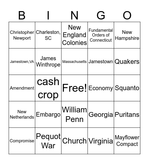 13 Colonies Bingo Card
