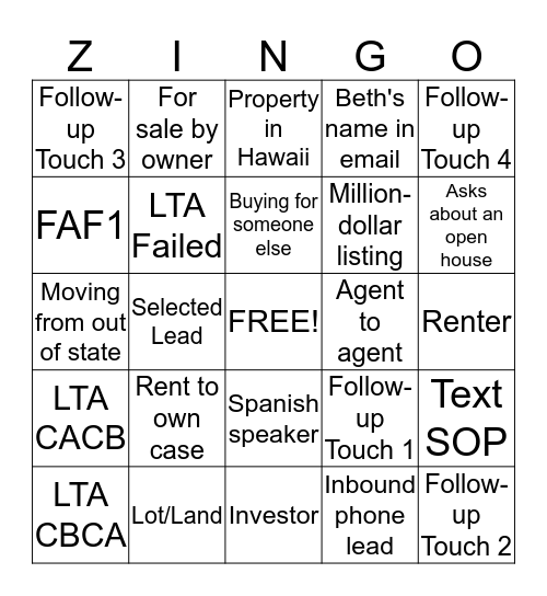 PEARL ZINGO Bingo Card