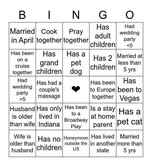 Just the Two of Us Bingo Card