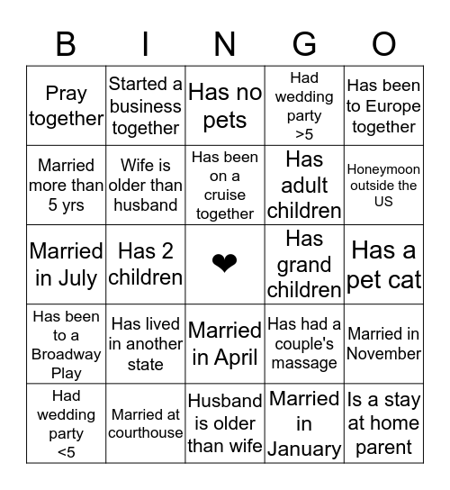 Just the Two of Us Bingo Card