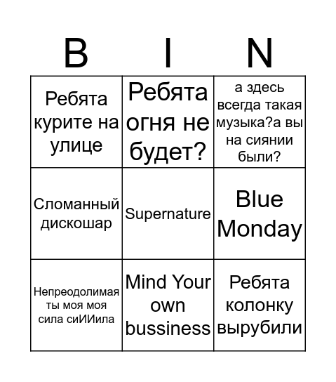 Panica* бинго Bingo Card