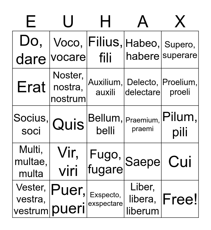 LESSON XII, XIII Bingo Card
