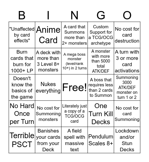 Terrible Yu-Gi-Oh Custom Card Bingo Card