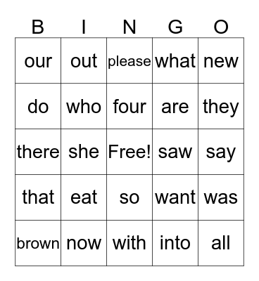 Primer Sight Words Bingo Card