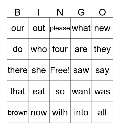Primer Sight Words Bingo Card