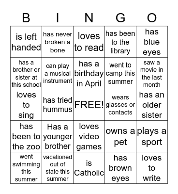 Back to School Bingo Card