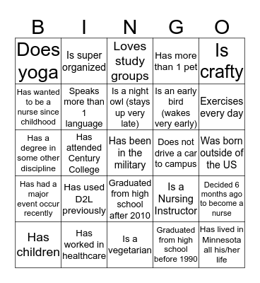 Student Nurse Bingo Card