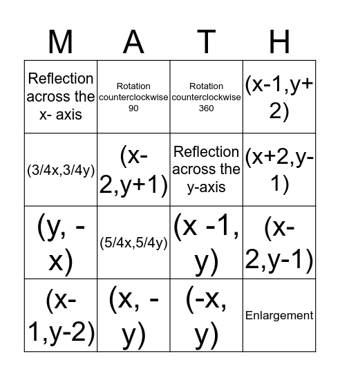 Transformations Bingo Card