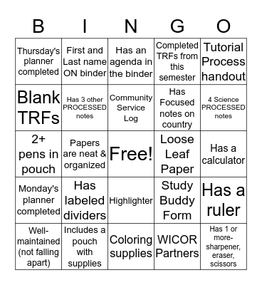 AVID Binder Check Bingo Card