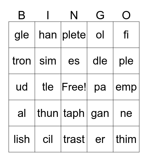Syllables Bingo Card