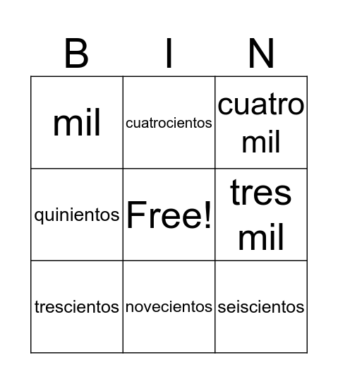 Numeros Bingo Card