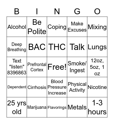 Prevention Bingo Card